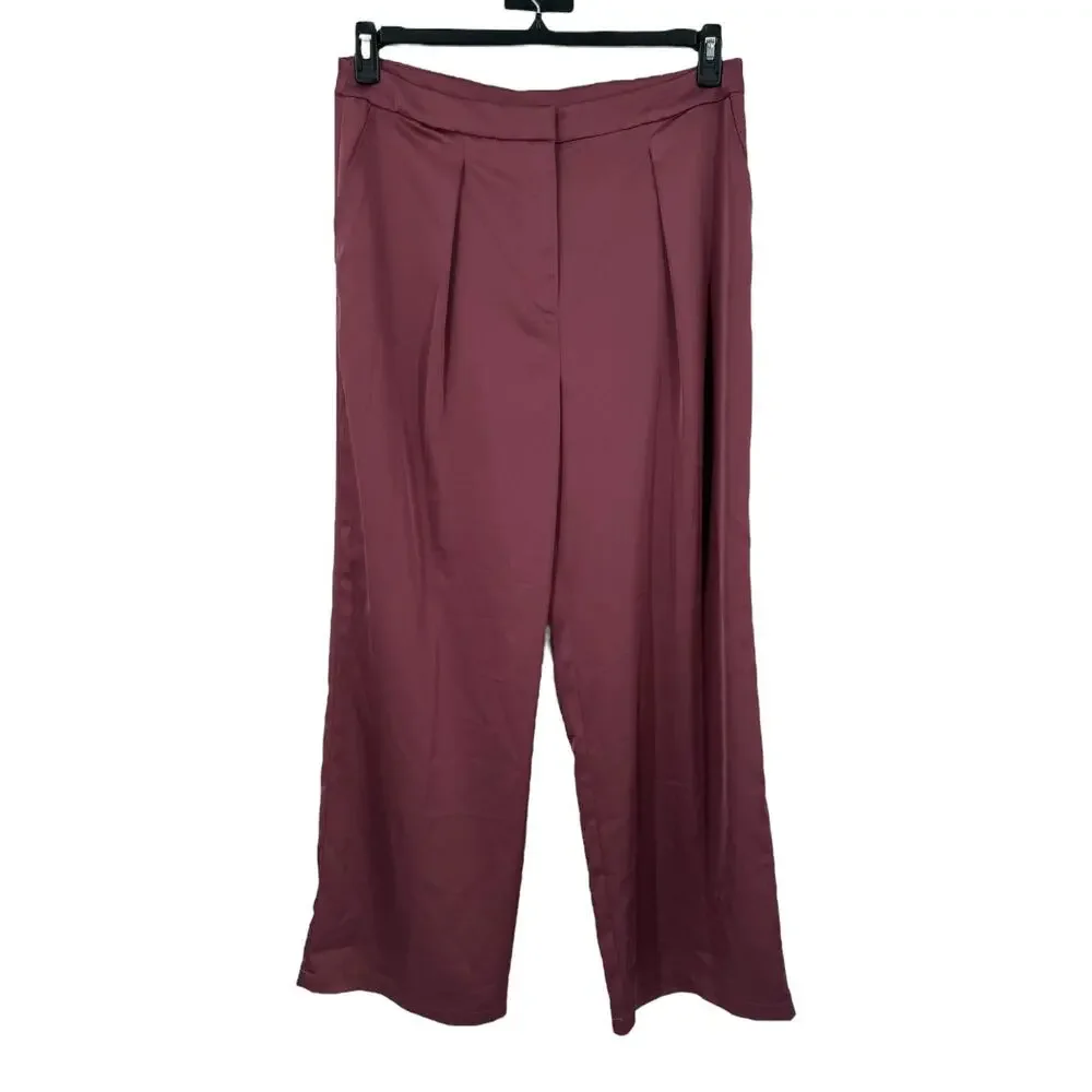 Misook pants high rise wide leg satin dark pink size Large L